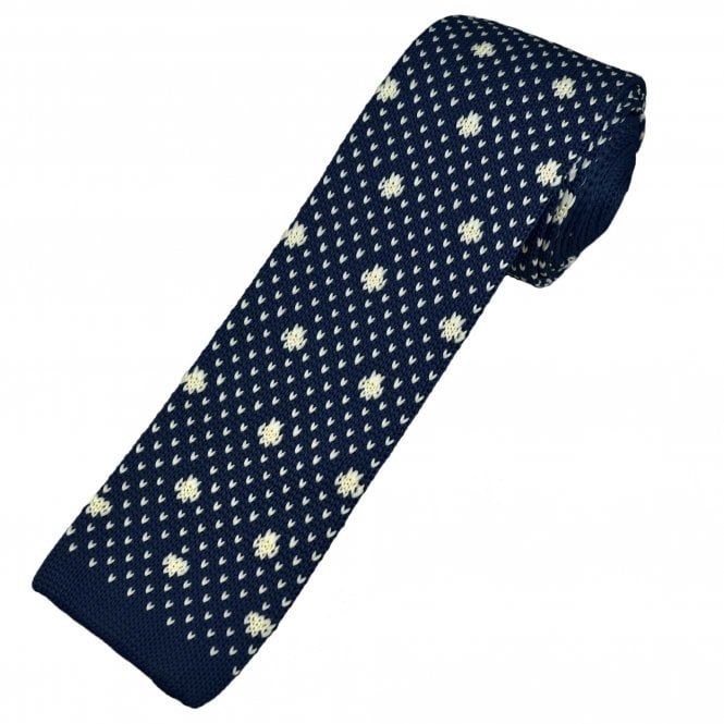 Navy Blue & Ivory Cream V Pattern Men's Skinny Knitted Tie