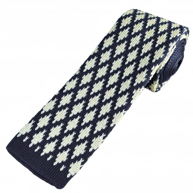 Navy Blue & Ivory Diamond Pattern Men's Knitted Tie