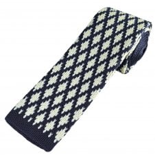 Navy Blue & Ivory Diamond Pattern Men's Knitted Tie