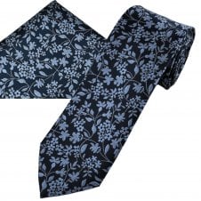 Navy Blue & Light Blue Flower Pattern Men's Tie & Hanky Set