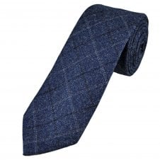 Navy Blue, Light Blue & Orange Checked Patterned Men's Tweed Tie