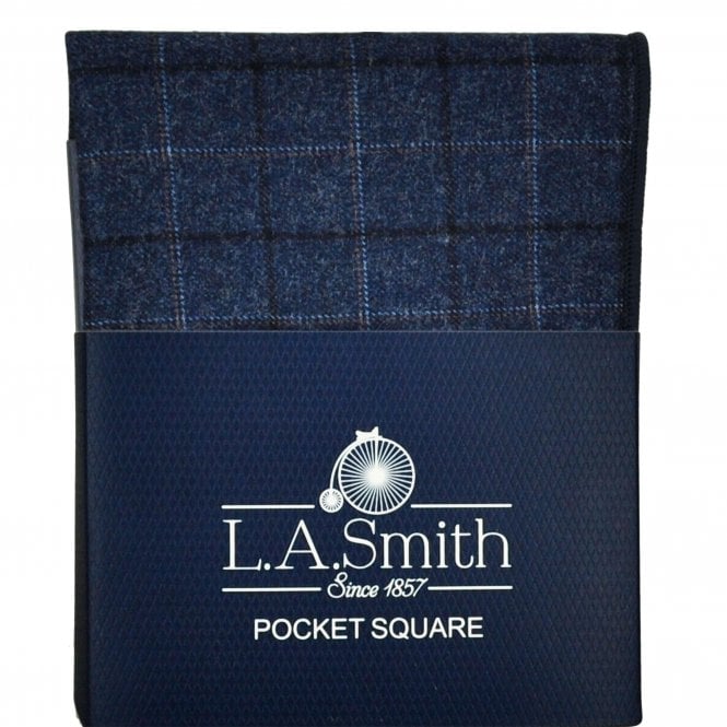 Navy Blue, Light Blue & Orange Checked Patterned Tweed Pocket Square Handkerchief