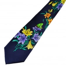 Navy Blue Lily Flowers & Butterfly Design Silk Novelty Tie