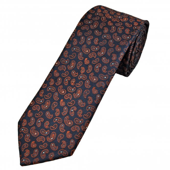 Navy Blue, Orange & Silver Paisley Pattern Men's Tie