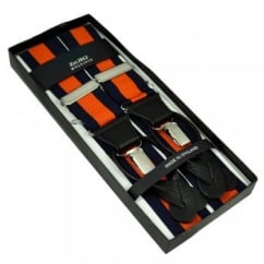 Navy Blue & Orange Striped Trouser Braces (with Black Leather Dual 2 in 1 Button and Clip Attachment)