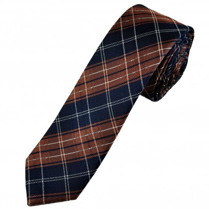 Navy Blue, Orange & White Checked Men's Silk Skinny Tie