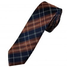 Navy Blue, Orange & White Checked Men's Silk Skinny Tie