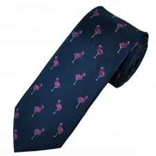 Navy Blue & Pink Flamingo Luxury Silk Novelty Tie