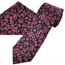 Navy Blue & Pink Flower Pattern Men's Tie & Hanky Set