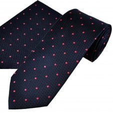 Navy Blue & Pink Polka Dot Men's Silk Tie & Pocket Square Handkerchief Set