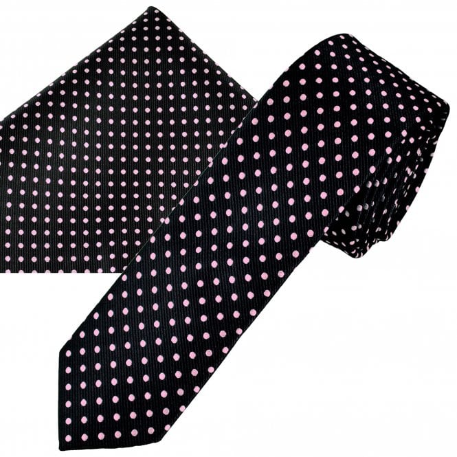 Navy Blue & Pink Polka Dot Men's Skinny Tie & Pocket Square Handkerchief Set