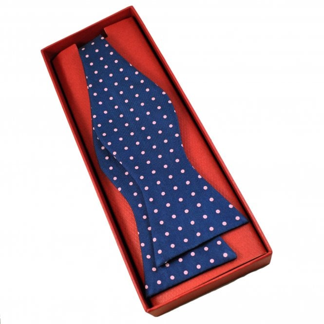 Navy Blue & Pink Polka Dot Printed Silk Men's Self Tie Bow Tie