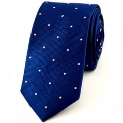 Navy Blue & Pink Polka Dot Silk Skinny Tie