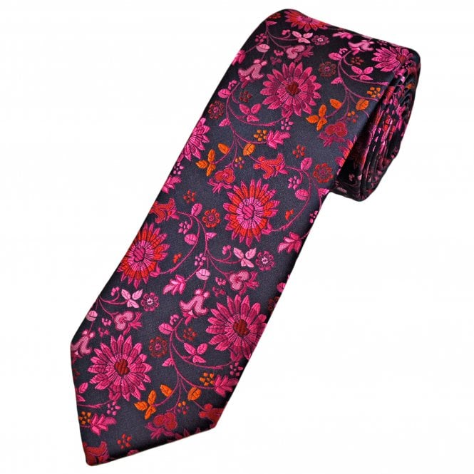Navy Blue, Pink, Red & Orange Floral Pattern Men's Tie