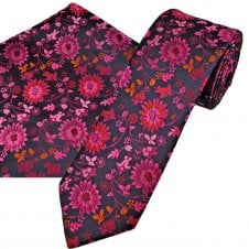 Navy Blue, Pink, Red & Orange Floral Pattern Men's Tie & Pocket Square Handkerchief Set
