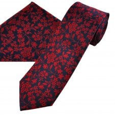 Navy Blue & Red Flower Pattern Men's Tie & Hanky Set
