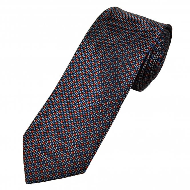 Navy Blue, Red, French Navy & Silver Square Pattern Men's Silk Tie