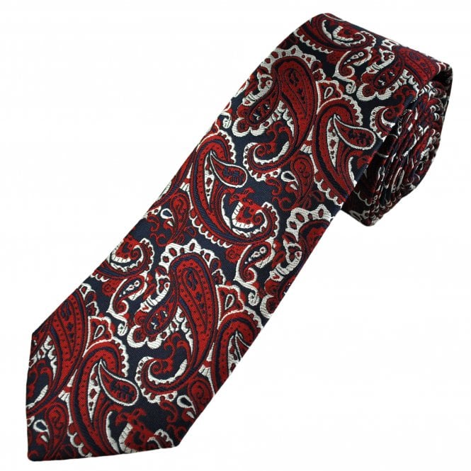 Navy Blue, Red & Silver Paisley Men's Extra Long Tie