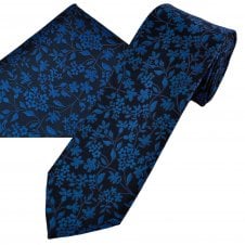 Navy Blue & Royal Blue Flower Pattern Men's Tie & Hanky Set