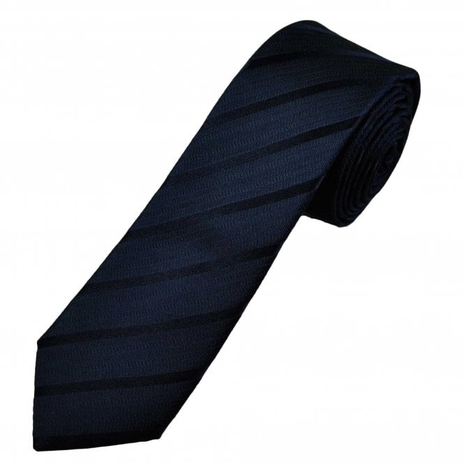 Navy Blue Self Stripe Pattern Men's Silk Narrow Tie
