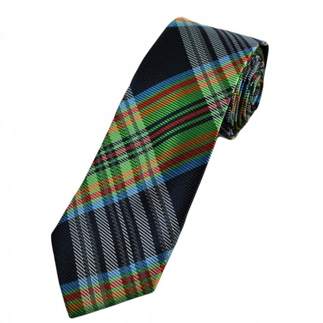 Navy Blue, Silver, Green, Orange & Red Tartan Style Check Men's Extra Long Tie