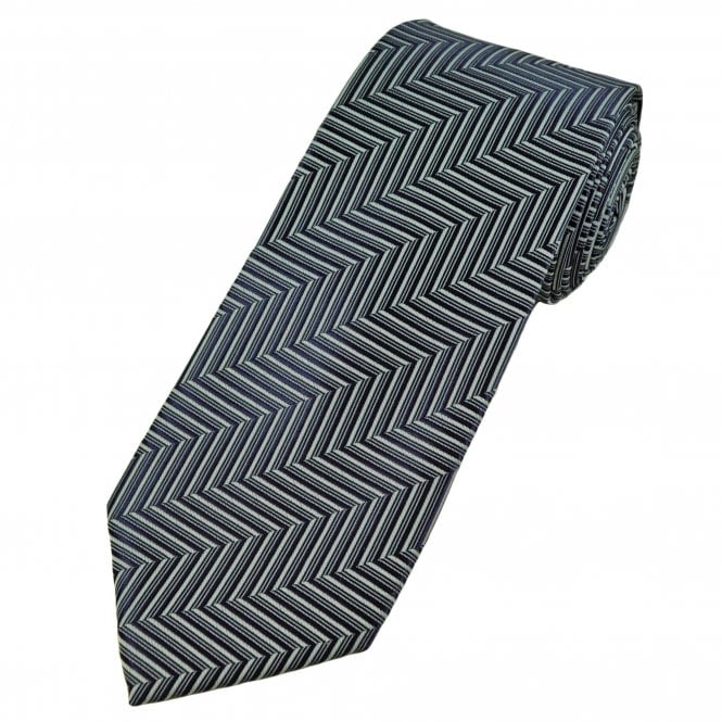 Navy Blue & Silver Grey Chevron Pattern Men's Extra Long Tie