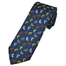 Navy Blue, Silver, Orange, Beige & Yellow Floral Pattern Men's Tie