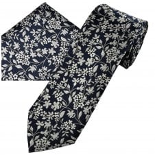 Navy Blue & Silver-White Flower Pattern Men's Tie & Hanky Set