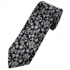Navy Blue & Silver-White Flower Pattern Men's Tie