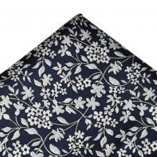 Navy Blue & Silver-White Flower Pattern Pocket Square Handkerchief