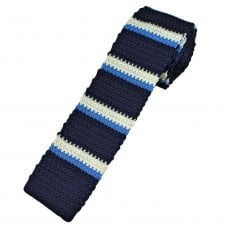 Navy Blue, Sky Blue & Cream Horizontal Stripe Men's Skinny Knitted Tie