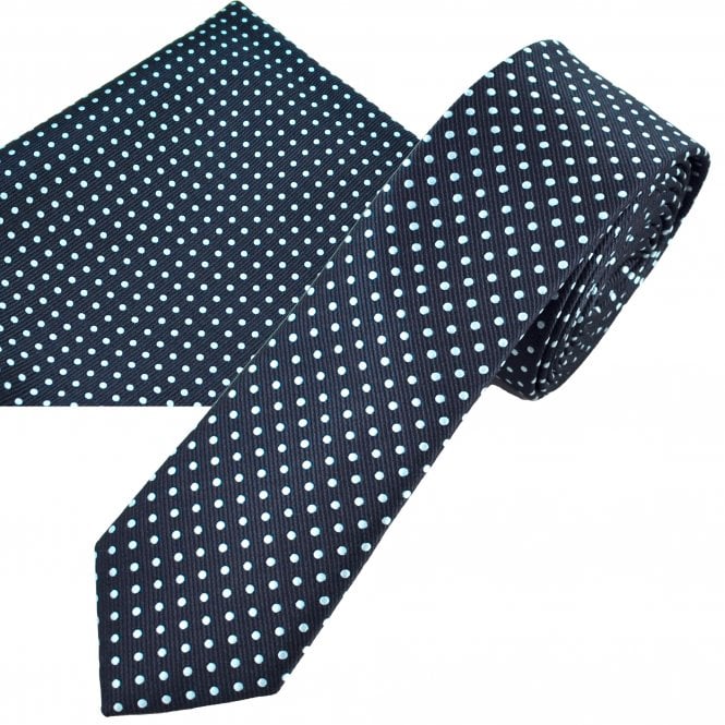 Navy Blue & Sky Blue Polka Dot Men's Skinny Tie & Pocket Square Handkerchief Set