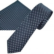 Navy Blue & Sky Blue Polka Dot Men's Skinny Tie & Pocket Square Handkerchief Set
