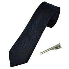 Navy Blue Striped Men's Skinny Tie with Tie Clip