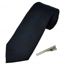 Navy Blue Striped Men's Tie with Tie Clip