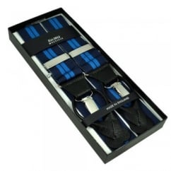 Navy & Blue Striped Trouser Braces (with Black Leather Dual 2 in 1 Button and Clip Attachment)