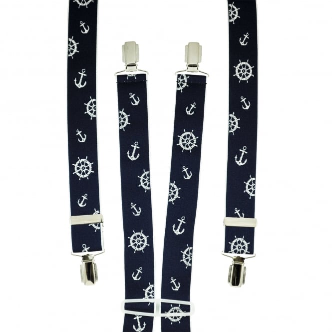 Navy Blue & White Anchor & Ship Wheel Men's Trouser Braces