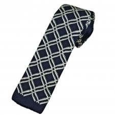 Navy Blue & White Diamond Checked Men's Skinny Knitted Tie