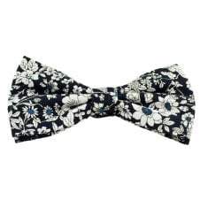Navy Blue & White Floral Pattern Cotton Men's Bow Tie