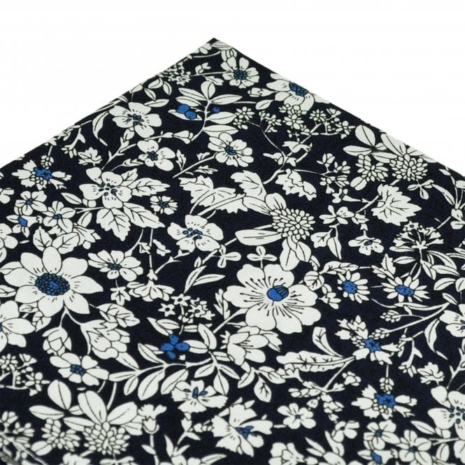 Navy Blue & White Floral Pattern Cotton Pocket Square Handkerchief
