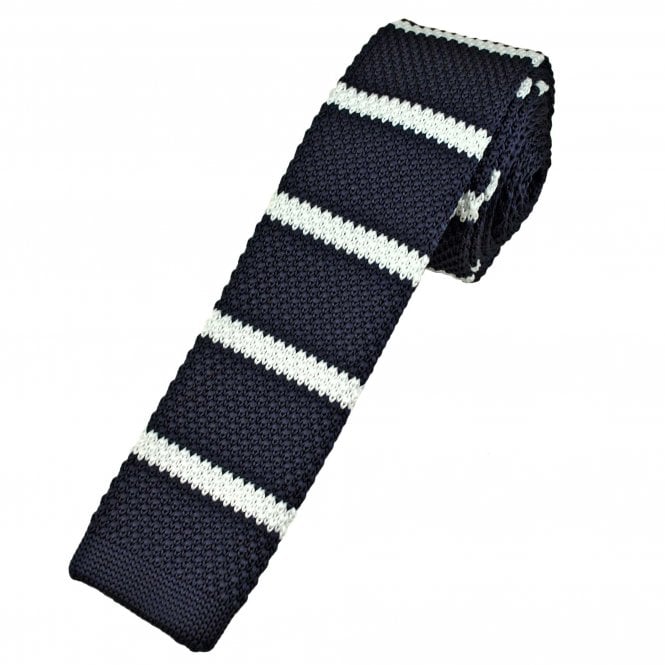 Navy Blue & White Horizontal Stripe Men's Skinny Knitted Tie