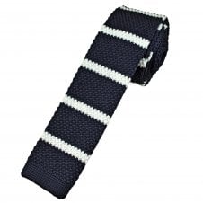 Navy Blue & White Horizontal Stripe Men's Skinny Knitted Tie