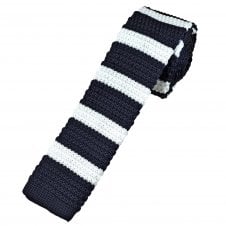 Navy Blue & White Horizontal Stripe Men's Skinny Knitted Tie