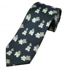Navy Blue, White & Ivory Flower Patterned Men's Extra Long Tie
