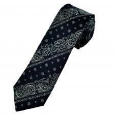 Navy Blue & White Paisley Stripe Pattern Men's Silk Skinny Tie
