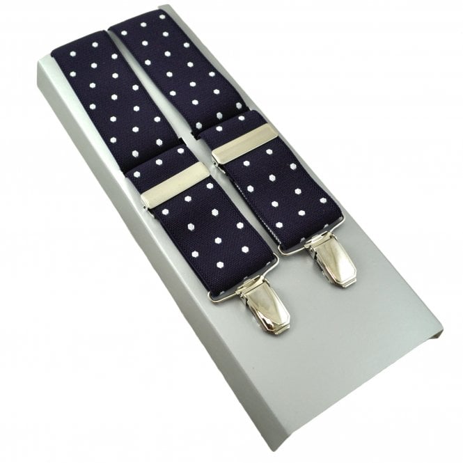 Navy Blue & White Polka Dot Men's Luxury Trouser Braces with Silver Clips