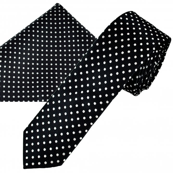 Navy Blue & White Polka Dot Men's Skinny Tie & Pocket Square Handkerchief Set