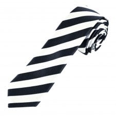 Navy Blue & White Striped Men's Skinny Tie