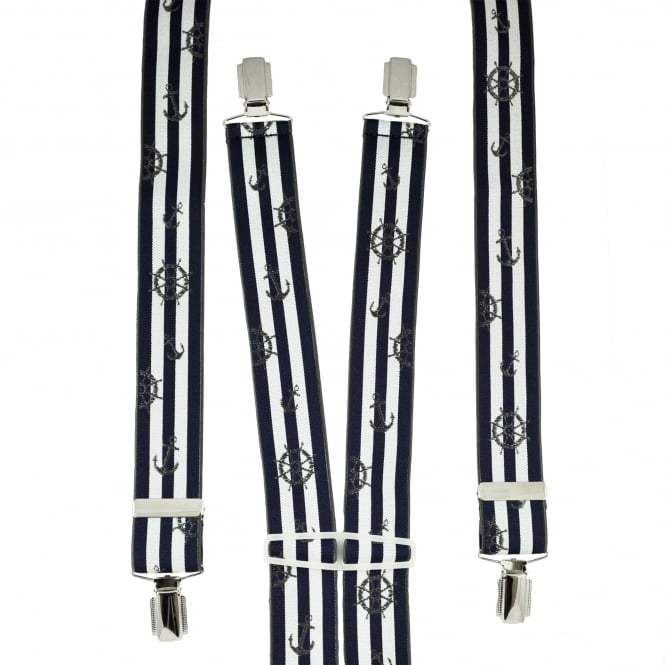 Navy Blue & White Stripes With Grey Anchor & Ship Wheel Men's Trouser Braces