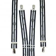Navy Blue & White Stripes With Grey Anchor & Ship Wheel Men's Trouser Braces